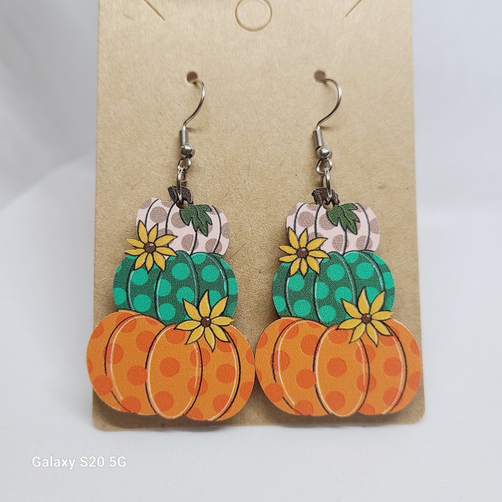 Stacked Pumpkin Earrings Dangle Fall Harvest Theme Orange Green White Floral